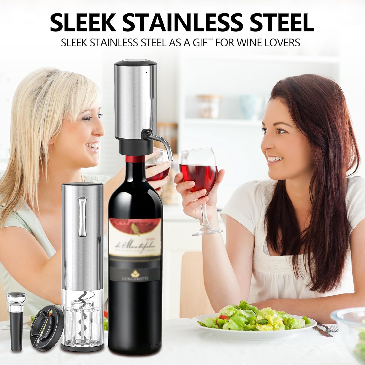 BGFOX Electric Wine Bottle Opener Set Rechargeable Stainless Steel, 4 in 1 Automatic Electric Corkscrew, Automatic Electric Wine Aerator, Foil Cutter and Vacuum Stopper, Gifts for Wine Lovers