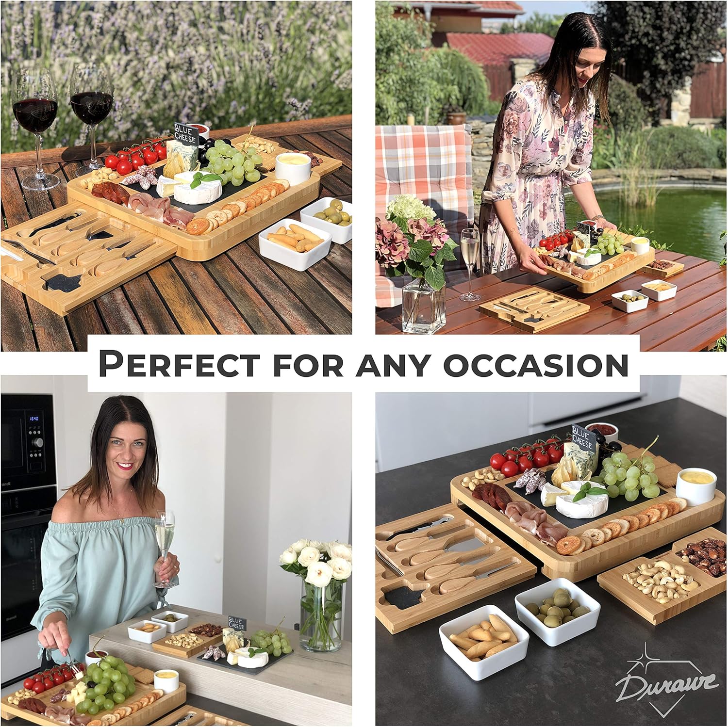 Bambus Käsebrett und Messer-Set Keramik-Schalen Weinöffner – 100% Bio-Holz Serviertablett Charcuterie Board perfekte Wahl für Gourmets, Geburtstagsgeschenke und Mütter