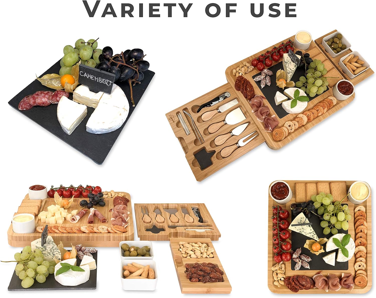 Bambus Käsebrett und Messer-Set Keramik-Schalen Weinöffner – 100% Bio-Holz Serviertablett Charcuterie Board perfekte Wahl für Gourmets, Geburtstagsgeschenke und Mütter