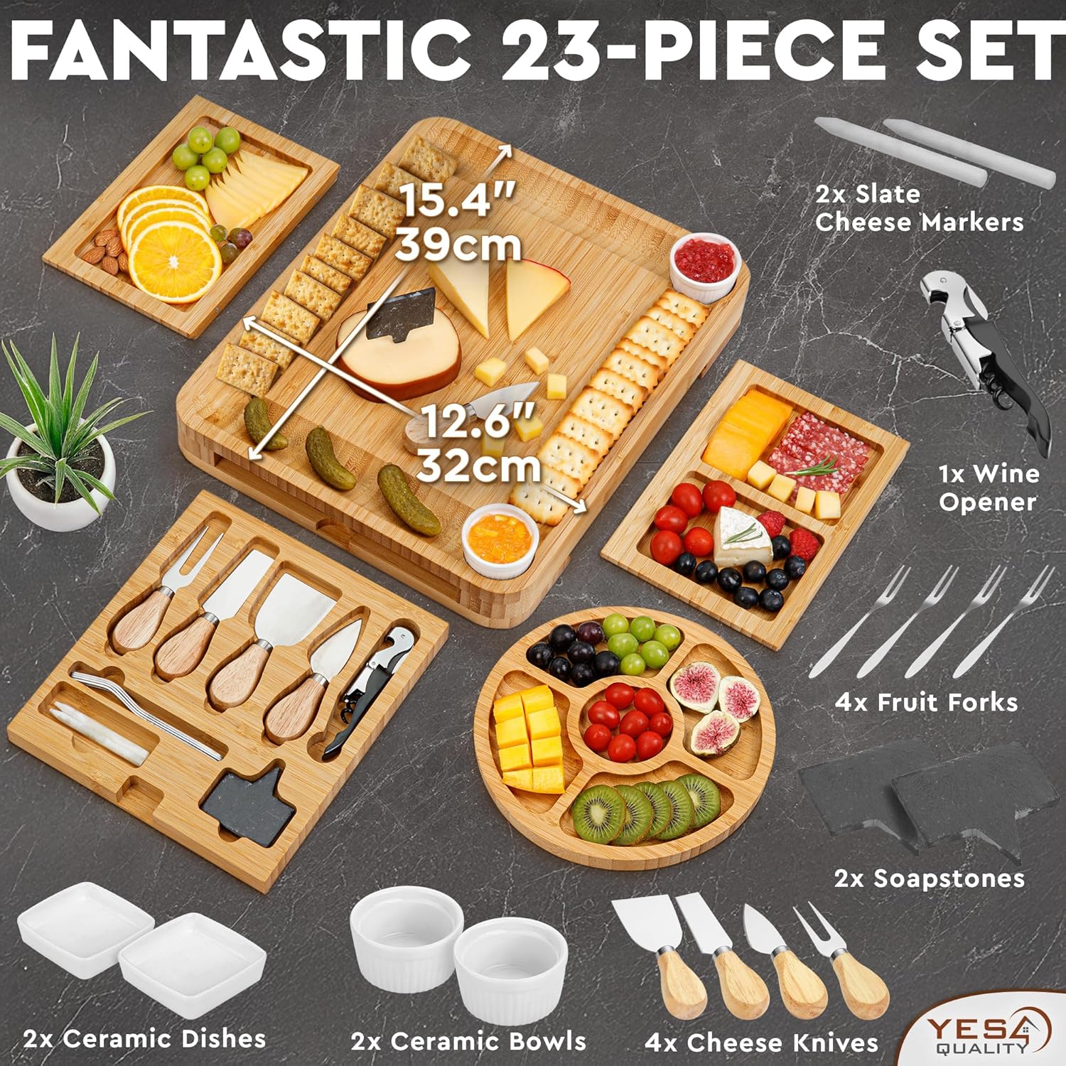 Charcuterie Boards Deluxe Geschenkset – 23-teilig, Bambus – großes Käsebrett plus Obsttablett als Geburtstagsgeschenk