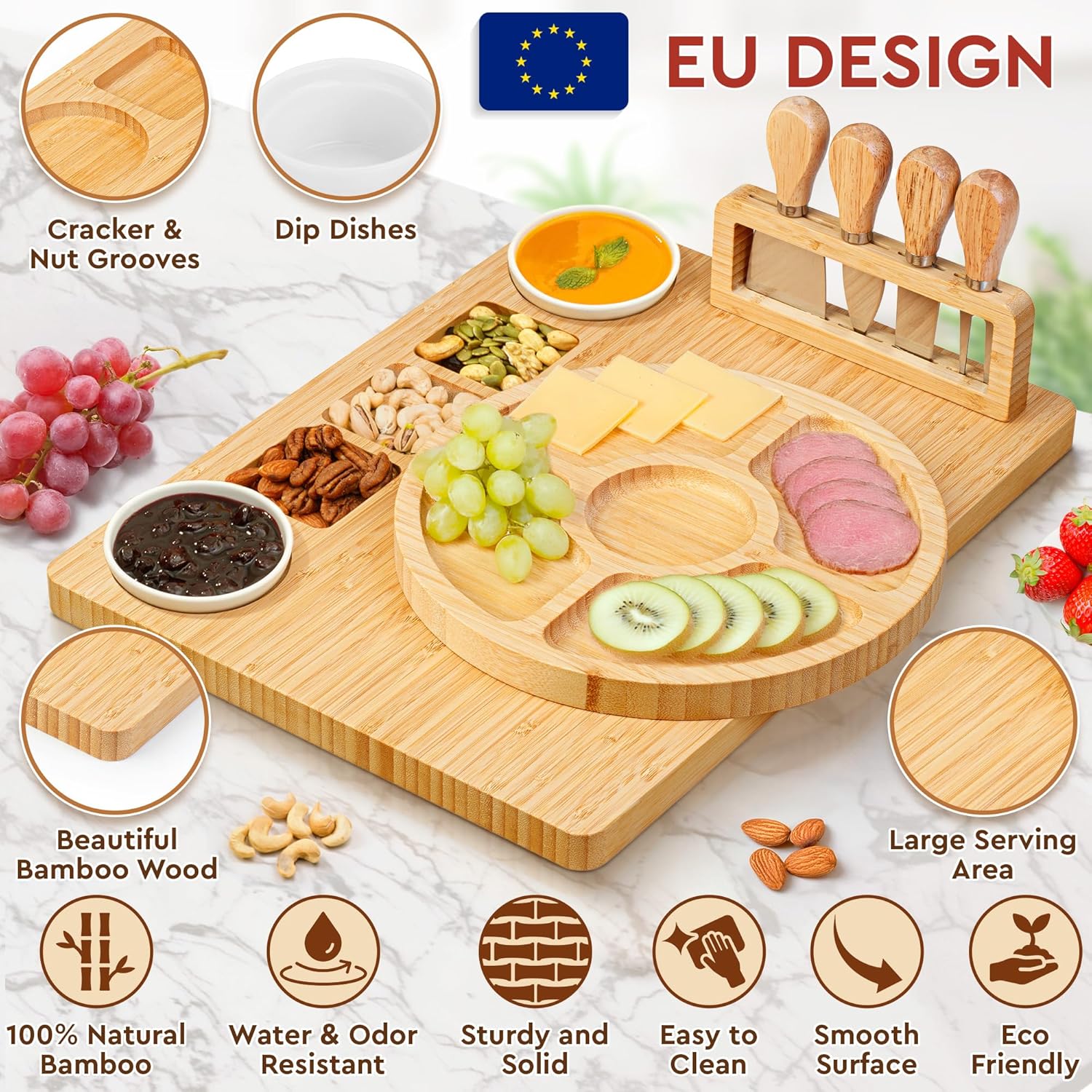 Charcuterie Boards Premium Geschenkset – 15-teilig, Bambus – großes Käsebrett plus Obsttablett als Geburtstagsgeschenk