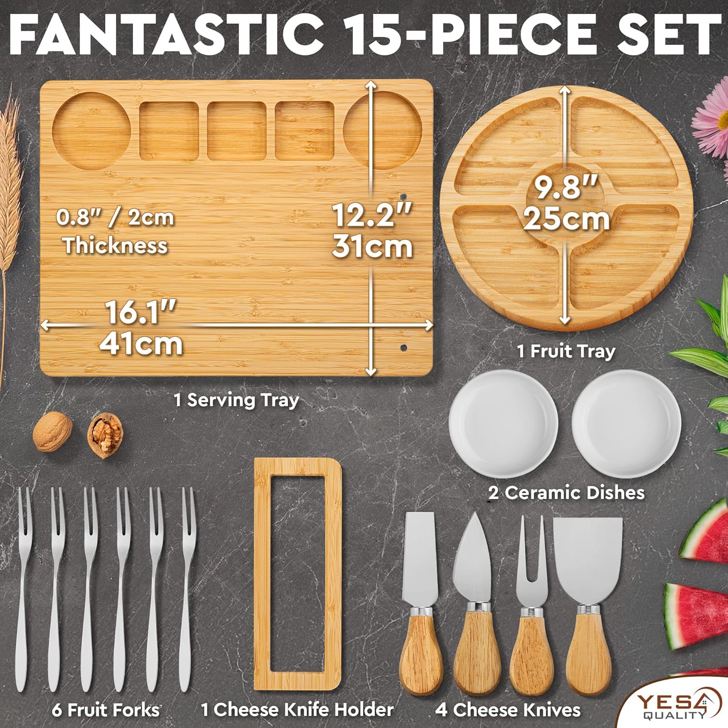 Charcuterie Boards Premium Geschenkset – 15-teilig, Bambus – großes Käsebrett plus Obsttablett als Geburtstagsgeschenk