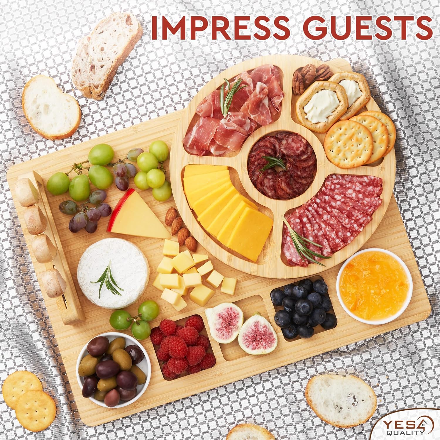 Charcuterie Boards Premium Geschenkset – 15-teilig, Bambus – großes Käsebrett plus Obsttablett als Geburtstagsgeschenk